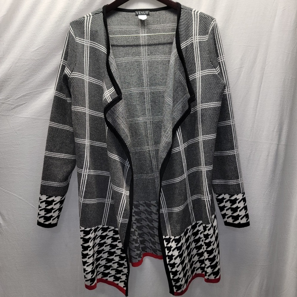 Venus Cardigan Sweater Womens M Black White Red Houndstooth Open Sz L EUR 44/46